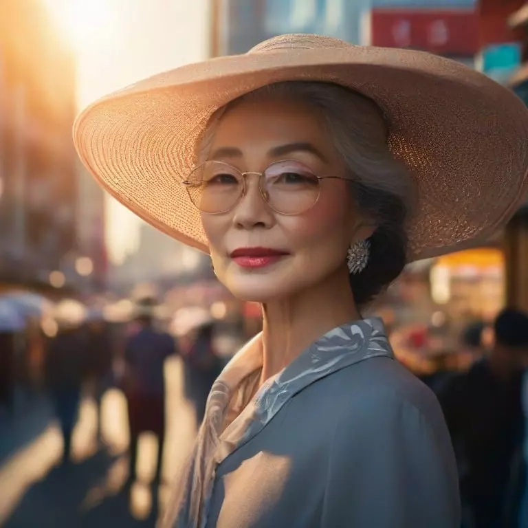 Mujer coreana mayor con un sombrero para el sol